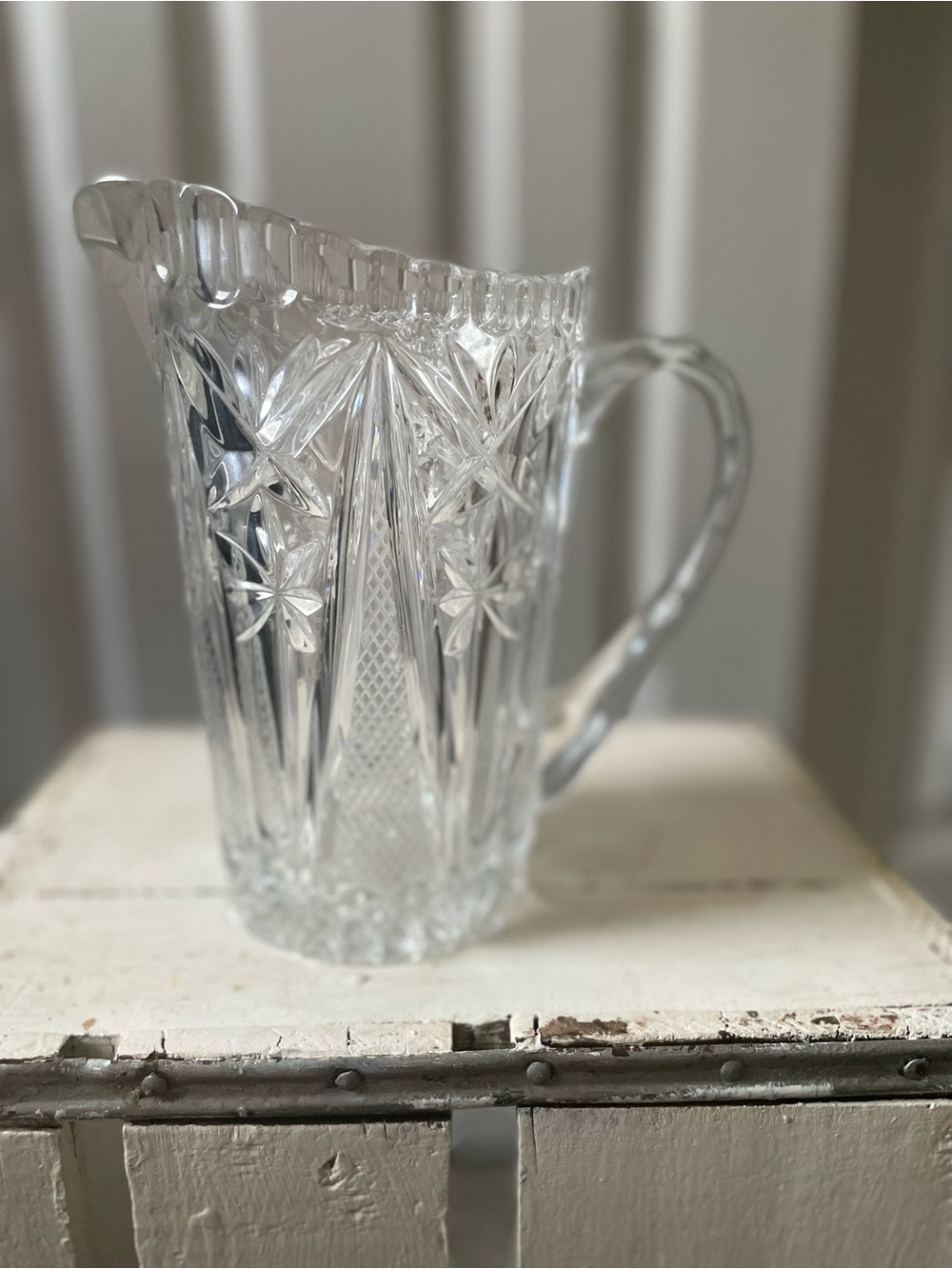 Vintage Glass Lead Crystal Water Pitcher Vase with Etched Flowers